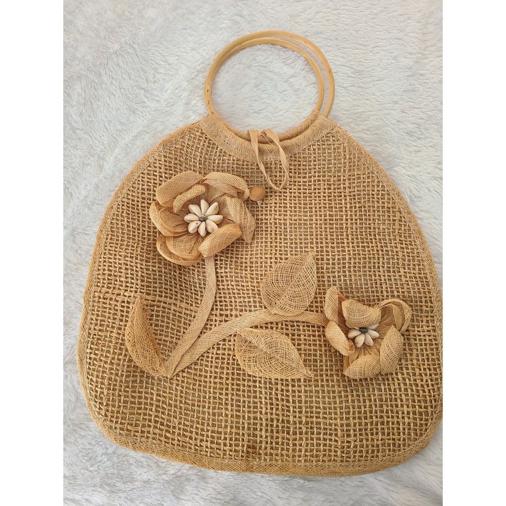 Vintage Woven Straw Tote Bag Bamboo Handle Shell Flower Philippines Boho Beach